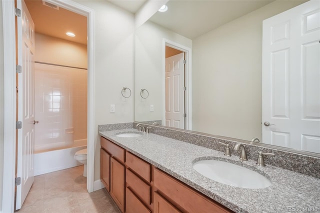 full bathroom featuring vanity, tile patterned flooring, shower / bathing tub combination, and toilet