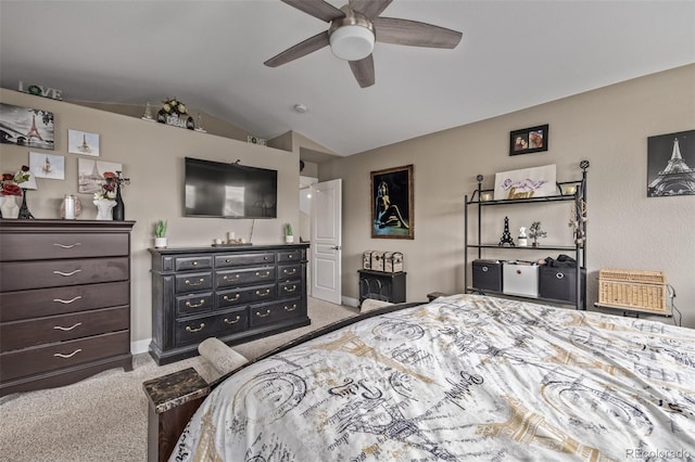 carpeted bedroom with a ceiling fan, baseboards, and lofted ceiling
