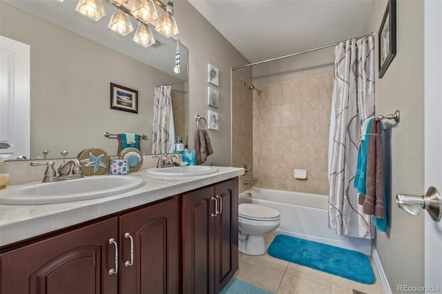 full bathroom featuring tile patterned flooring, a sink, shower / bathtub combination with curtain, and double vanity