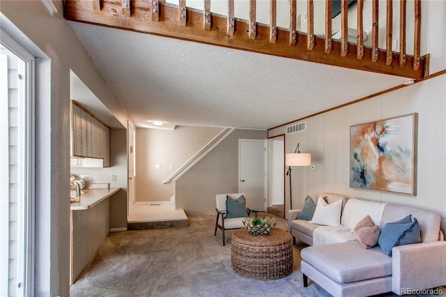 carpeted living room with a textured ceiling