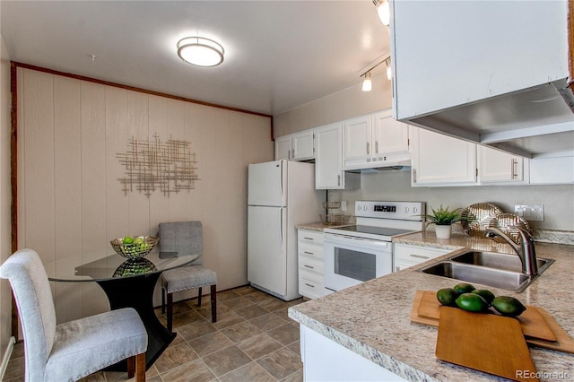 kitchen featuring sink, exhaust hood, white cabinets, and white appliances