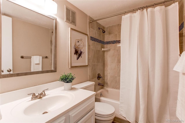 full bathroom with vanity, toilet, and shower / bathtub combination with curtain