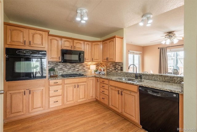 37677 Sable Ridge Rd, Elizabeth, CO 80107 - kitchen with black appliances, a sink, decorative backsplash, light wood finished floors, and light stone counters