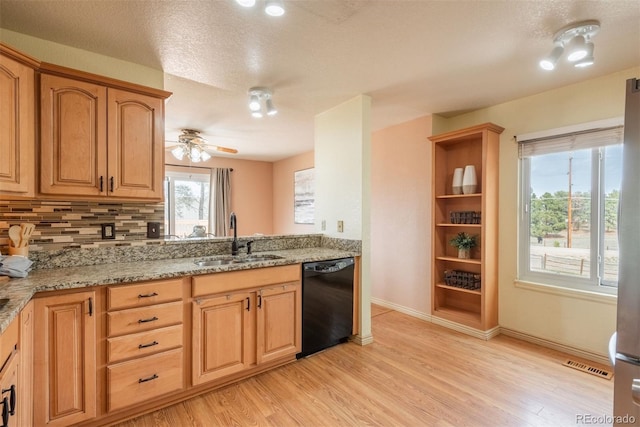 37677 Sable Ridge Rd, Elizabeth, CO 80107 - kitchen featuring dishwasher, a sink, tasteful backsplash, light wood finished floors, and baseboards