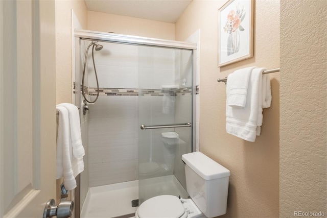 37677 Sable Ridge Rd, Elizabeth, CO 80107 - full bathroom with a stall shower, toilet, and a textured wall