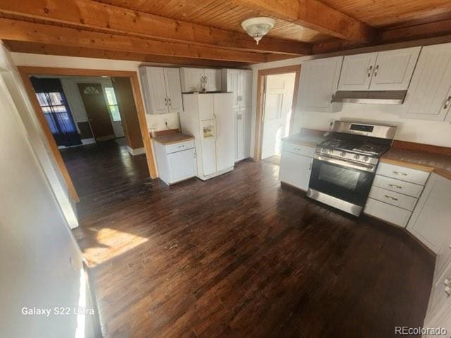 kitchen with wood ceiling, white fridge with ice dispenser, beamed ceiling, stainless steel gas stove, and white cabinetry