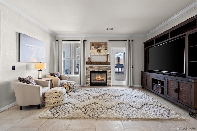 living room with crown molding