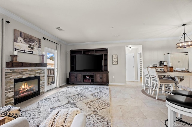 living room featuring crown molding