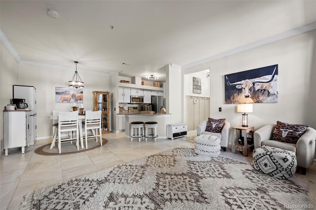 tiled living room with ornamental molding