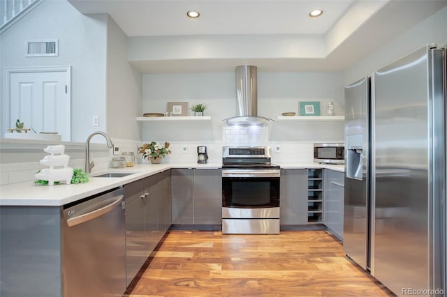 kitchen with wall chimney range hood, sink, decorative backsplash, gray cabinets, and stainless steel appliances