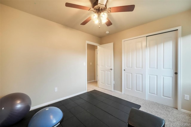 6349 Shooting Iron Way, Colorado Springs, CO 80923 - exercise area featuring a ceiling fan and carpet floors