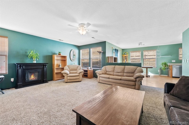 living room featuring ceiling fan and a textured ceiling