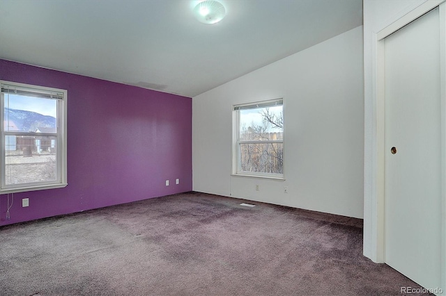 empty room with carpet flooring and lofted ceiling