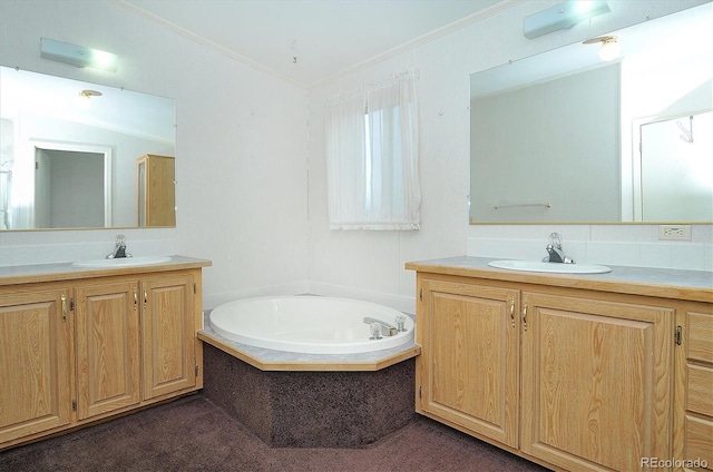 bathroom featuring vanity, crown molding, and a relaxing tiled tub