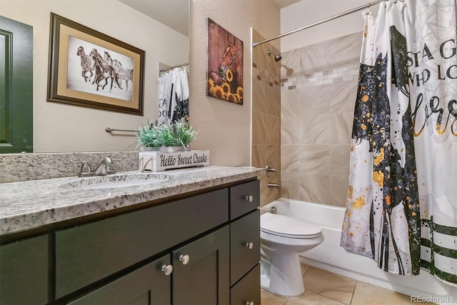 full bathroom with tile patterned floors, vanity, toilet, and shower / tub combo with curtain