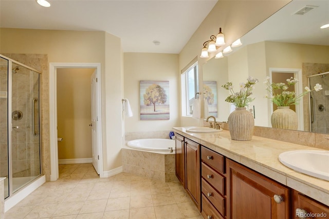 15004 Verbena St, Thornton, CO 80602 - bathroom featuring a sink, visible vents, a stall shower, and a bath