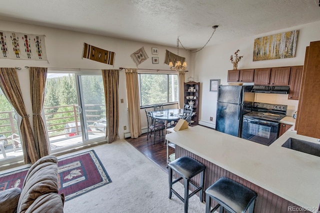 9800 Ryan Gulch Rd Unit A-101, Silverthorne, CO 80498 - kitchen featuring black appliances, exhaust hood, a peninsula, a textured ceiling, and carpet