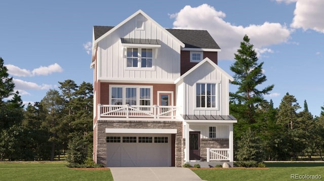 view of front of home with stone siding, board and batten siding, concrete driveway, a front yard, and an attached garage