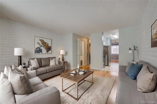 living area with light wood-style flooring, baseboards, and a textured ceiling