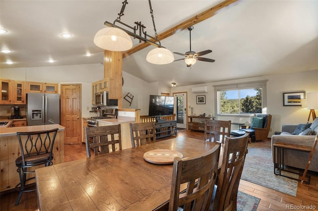 dining space with lofted ceiling with beams, ceiling fan, a wall mounted AC, and light hardwood / wood-style floors