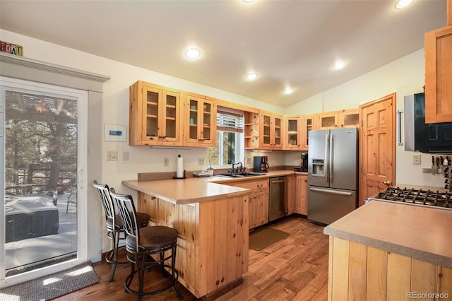 kitchen featuring vaulted ceiling, sink, a breakfast bar area, kitchen peninsula, and stainless steel appliances