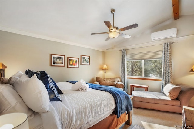 bedroom with lofted ceiling with beams, an AC wall unit, and ceiling fan