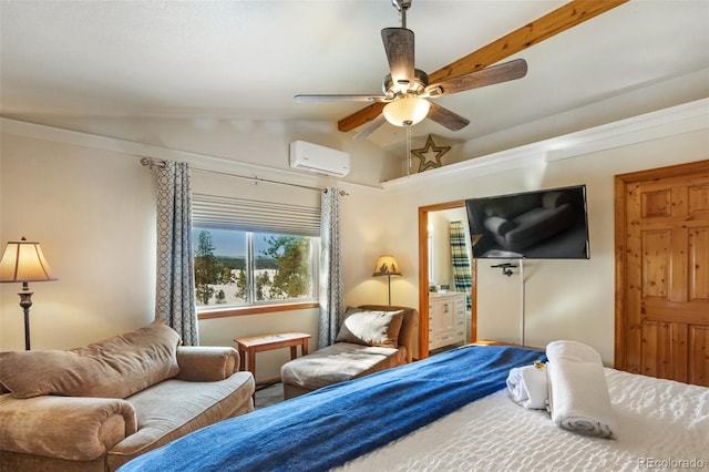 bedroom with lofted ceiling, a wall mounted air conditioner, ceiling fan, and ensuite bathroom