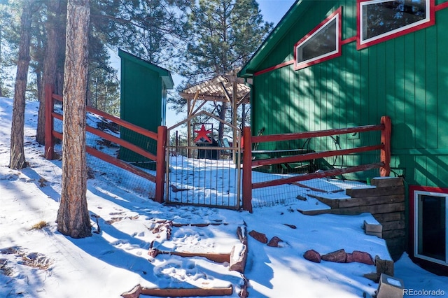 view of snow covered deck