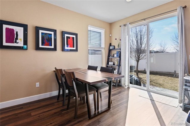 dining room with dark wood-type flooring and baseboards