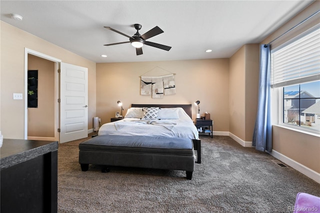 carpeted bedroom featuring recessed lighting, ceiling fan, visible vents, and baseboards