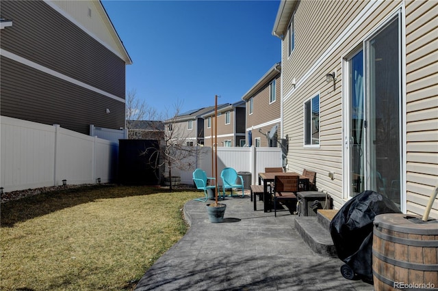 view of patio featuring a fenced backyard and a residential view