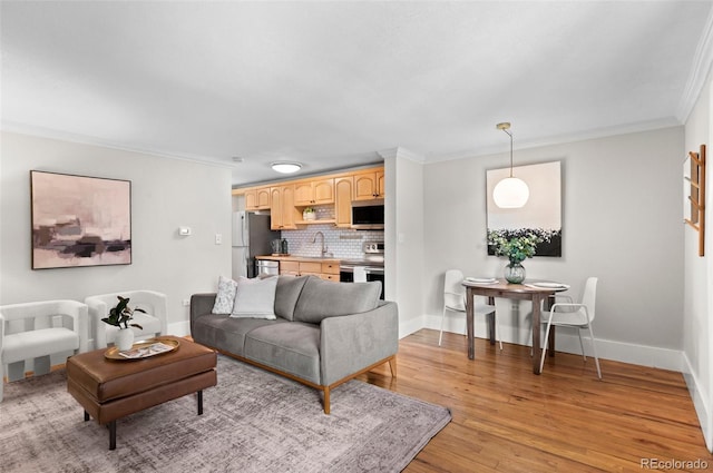 558 N Washington St Unit 305, Denver, CO 80203 - living room with ornamental molding, baseboards, and light wood-type flooring