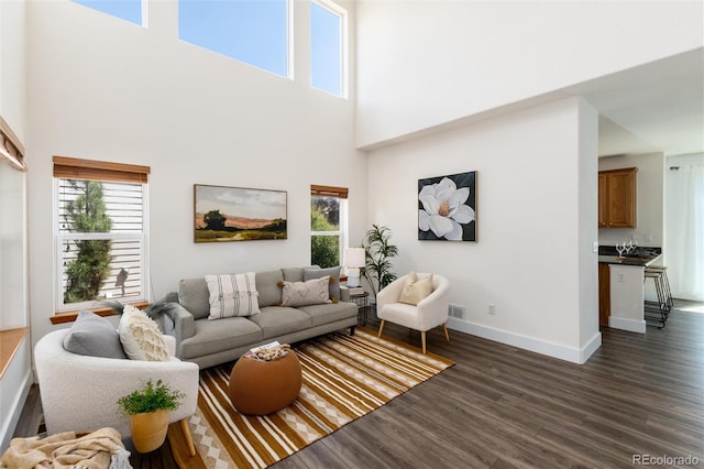 9610 S Dover Way, Littleton, CO 80127 - living room featuring a high ceiling and dark wood finished floors