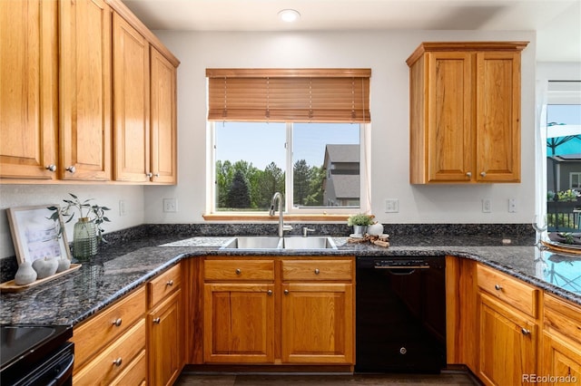 9610 S Dover Way, Littleton, CO 80127 - kitchen featuring black appliances, dark stone countertops, brown cabinets, and recessed lighting