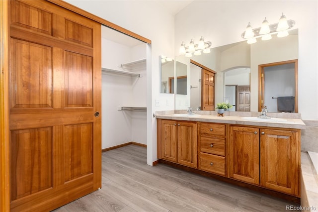 9610 S Dover Way, Littleton, CO 80127 - bathroom featuring double vanity, wood finished floors, and a spacious closet