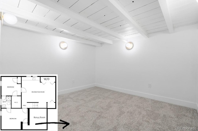 below grade area with wooden ceiling, carpet flooring, and baseboards