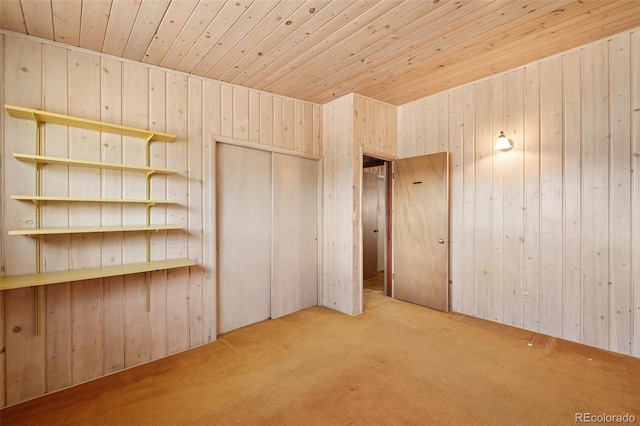 150 Apache Trl, Woodland Park, CO 80863 - unfurnished bedroom with carpet flooring, wood walls, wooden ceiling, and a closet