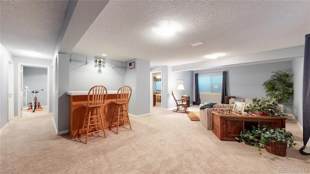 2266 S Kenton St, Aurora, CO 80014 - bar featuring baseboards, light colored carpet, a textured ceiling, and a bar