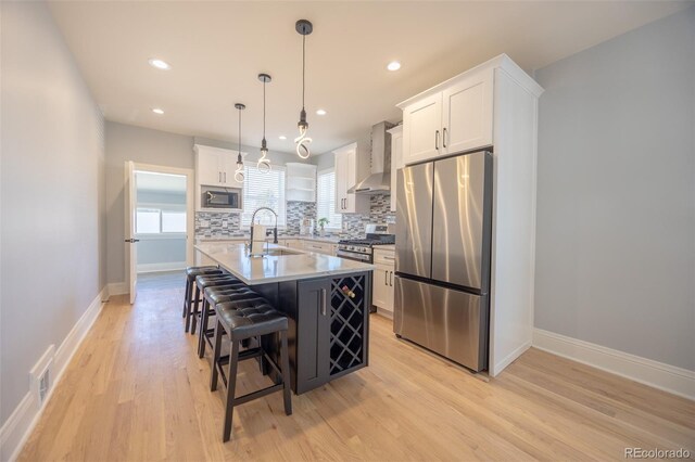 kitchen featuring tasteful backsplash, white cabinets, wall chimney exhaust hood, stainless steel appliances, and a sink