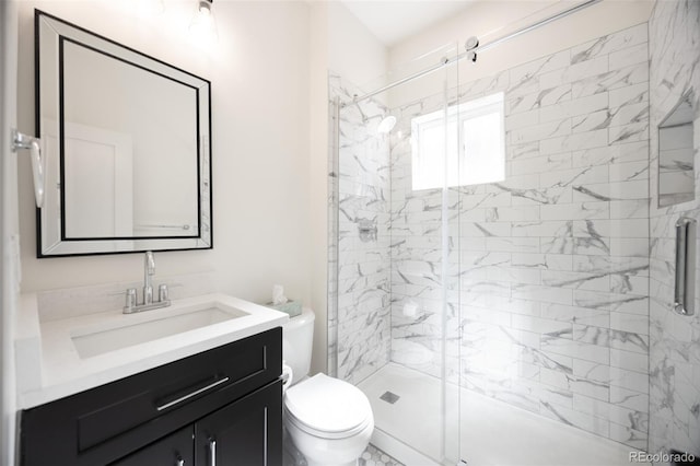 bathroom featuring toilet, a stall shower, and vanity