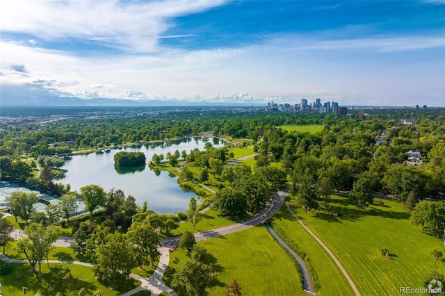 drone / aerial view with a water view