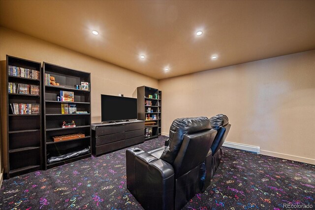 1456 Shavano Ct, Evergreen, CO 80439 - carpeted cinema featuring a baseboard radiator and recessed lighting