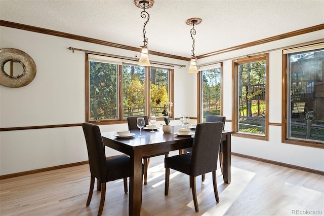 dining area with a textured ceiling, light hardwood / wood-style flooring, a wealth of natural light, and crown molding