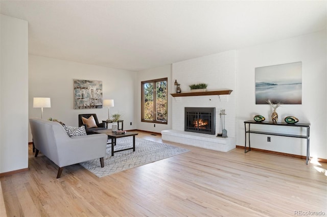 living room with a fireplace and light hardwood / wood-style flooring