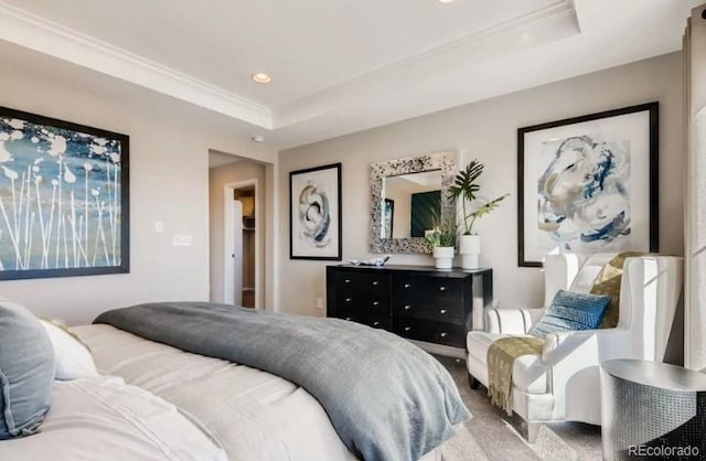 2094 Wagon Wheel Aly, Brighton, CO 80601 - bedroom with a tray ceiling, ornamental molding, carpet, and recessed lighting