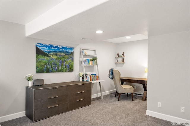 office area featuring baseboards, carpet floors, and recessed lighting