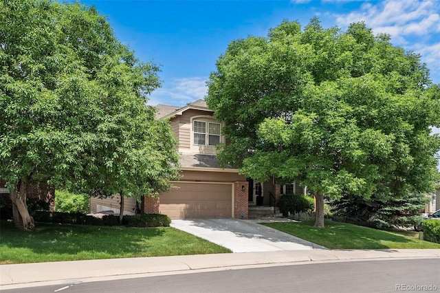 1053 Snow Lily Ct, Castle Pines, CO 80108 - view of property hidden behind natural elements with driveway, brick siding, an attached garage, and a front yard
