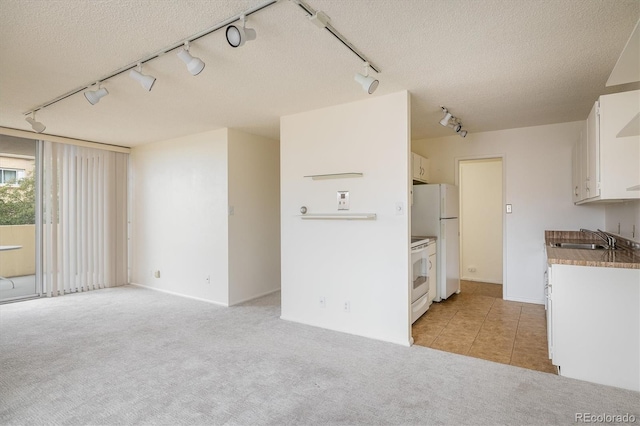 850 20th St Unit 203, Boulder, CO 80302 - unfurnished living room with rail lighting, light colored carpet, a sink, a textured ceiling, and light tile patterned floors