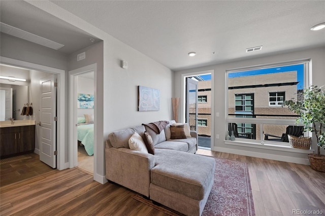 living room featuring sink, wood-type flooring, and a textured ceiling