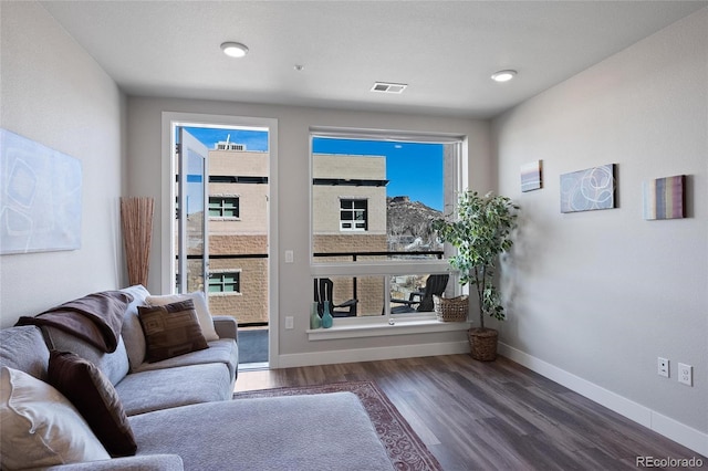 living room with dark wood-type flooring